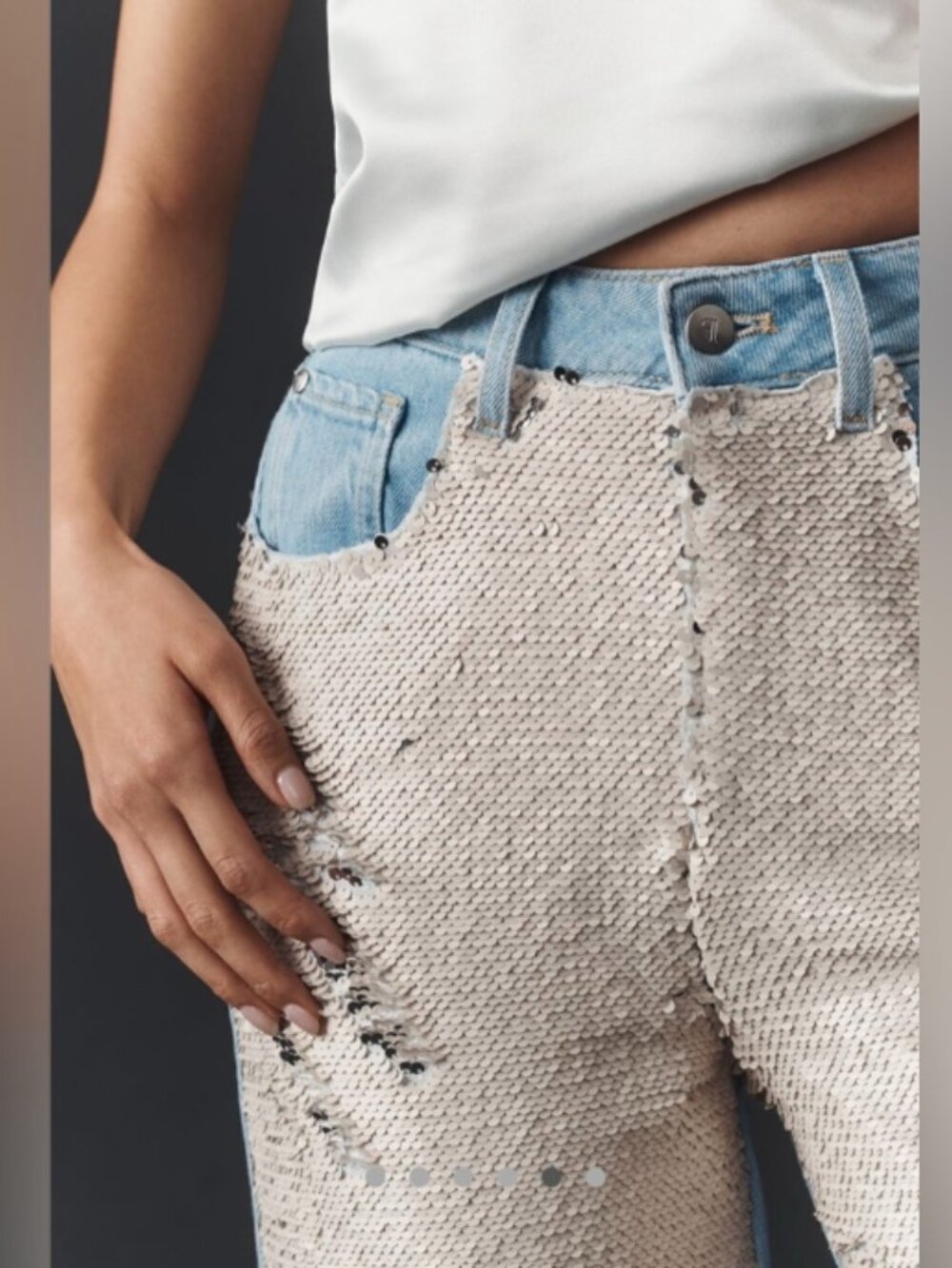 PILCRO Anthropologie Champagne Sequin Front Wide Leg High Rise Jeans 30 - Picture 5 of 8